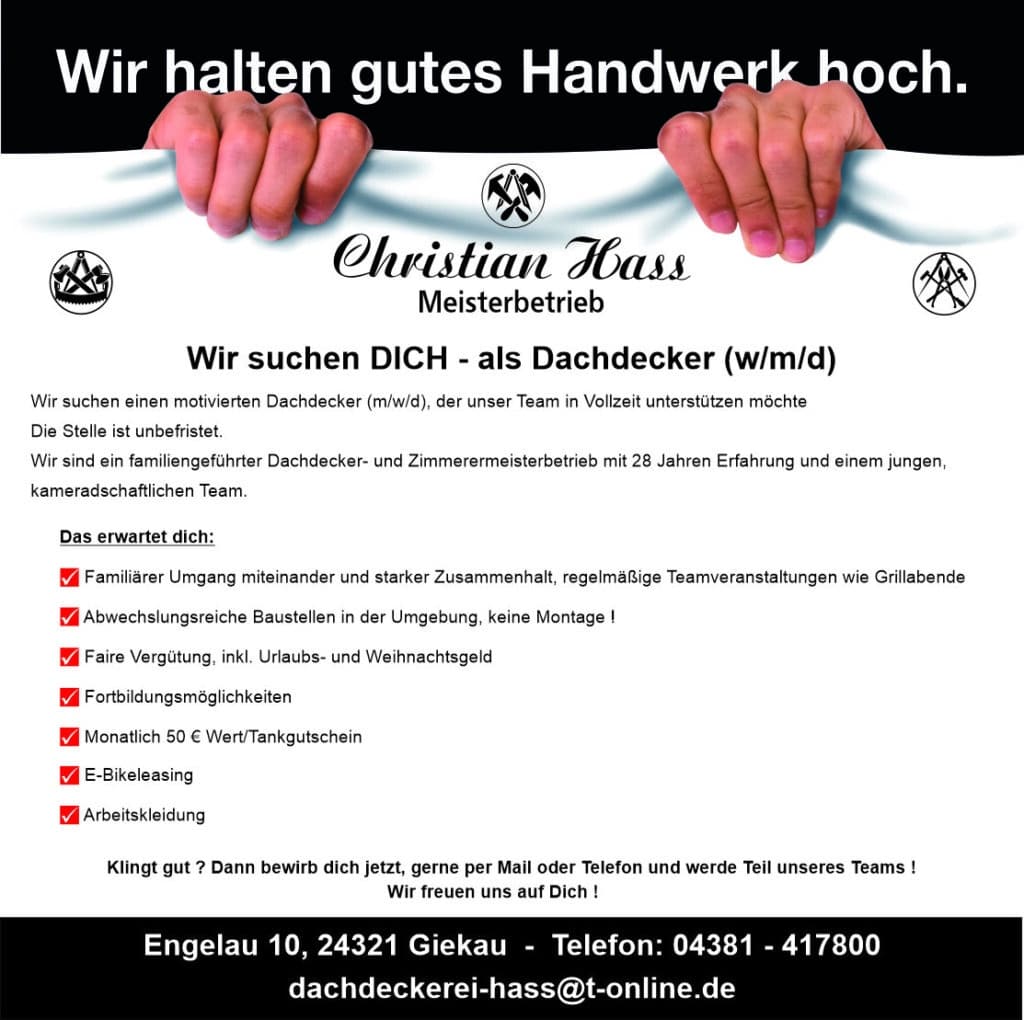 Stellenanzeige für Dachdecker mit Details von Christian Hass